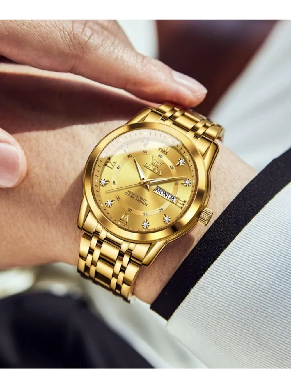Olevs Men's Gold Diamond Wrist Quartz Stainless Steel Luminous Luxury Watch